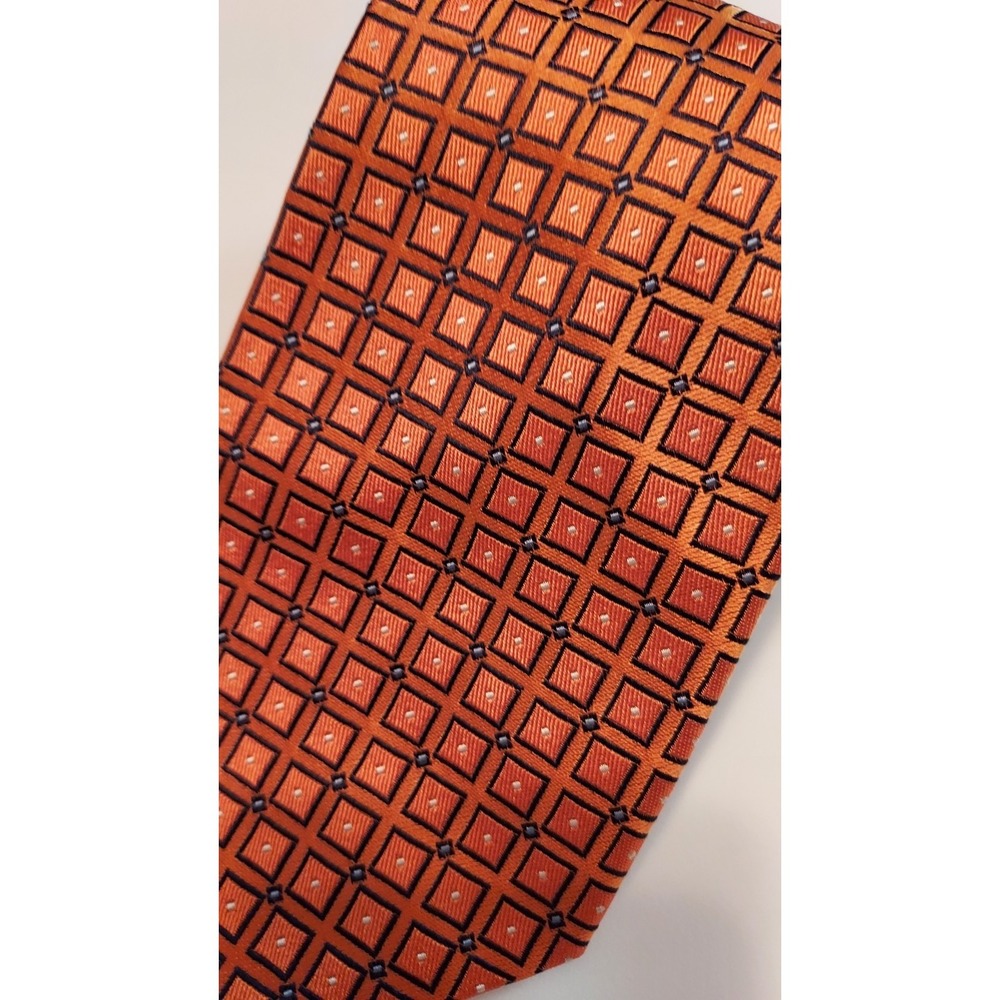 IZOD Silk Tie Orange Geometric Diamond Grid Pattern Preppy Classic Clemson Tiger